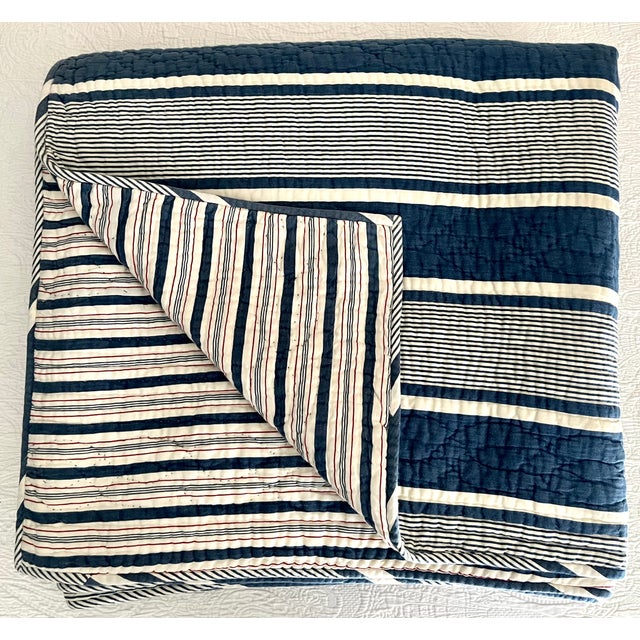 Textile Vintage French Blue Striped Reversible Quilt Coverlet For Sale - Image 7 of 7