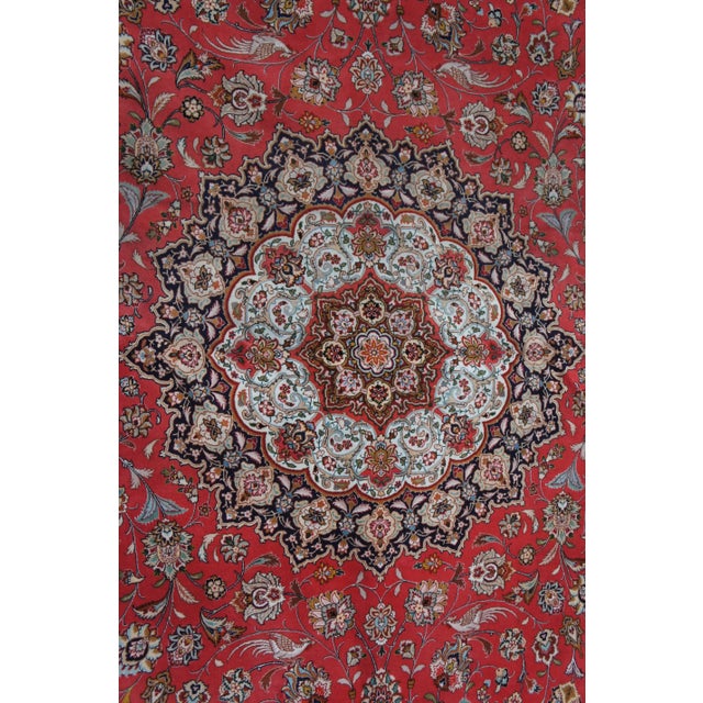 Mid 20th Century Very Fine Silk & Wool Floral All Over Red Medallion Birds Area Rug Carpet 13' X 10' For Sale - Image 6 of 12