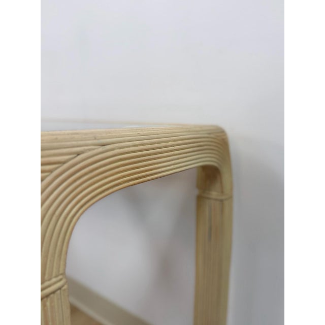 Wood Vintage Console Table Lightwash Pencil Reed Glass Top Coastal Boho MCM For Sale - Image 7 of 10