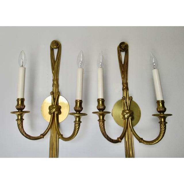 Vintage French 19th. Century Louis XVI Style Bronze Twin-Arm, Rope & Tassel Ormolu Wall Lighted Sconces -Pair For Sale - Image 11 of 17