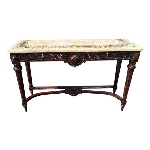 1970s Louis XVI Pietra Dura Console Entirely Inlaid Semi Precious Stone For Sale