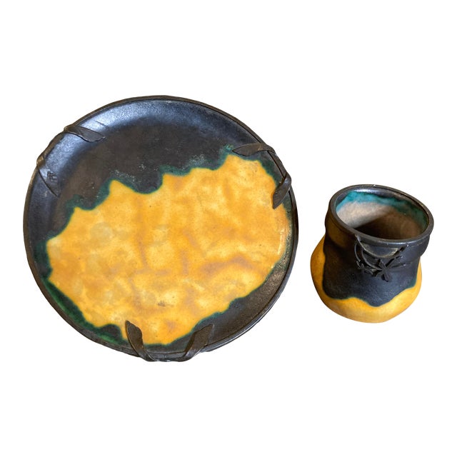 1920s Louis Dage and Eugene Val French Art Deco Ceramic Pottery - Set of 2 Pieces, Platter and Cup, Famous Egg Yolk Glaze For Sale