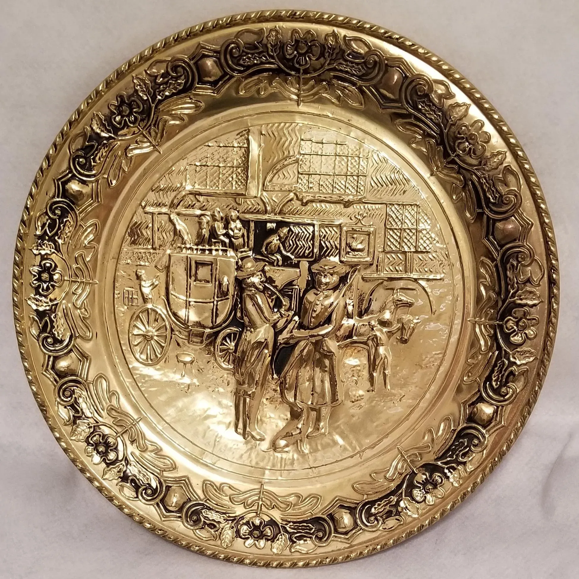 Vintage Hammered Brass Repousse Wall Plate England Carriage People