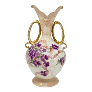 Hand-Painted Floral Porcelain Vase With Gold Handles, 10 Inch For Sale