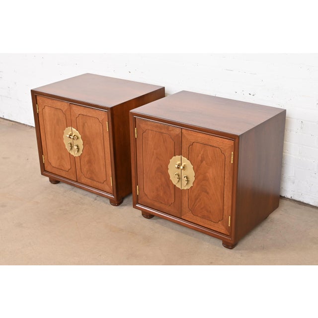 Mid-Century Modern Mid-Century Hollywood Regency Chinoiserie Walnut Bedside Chests Attributed to Henredon, Newly Refinished For Sale - Image 3 of 12