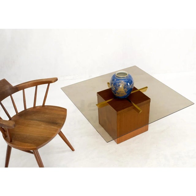 Transparent Teak Cube & Brass X Base Danish Modern Bronze Smoked Square Glass Coffee Table For Sale - Image 8 of 13