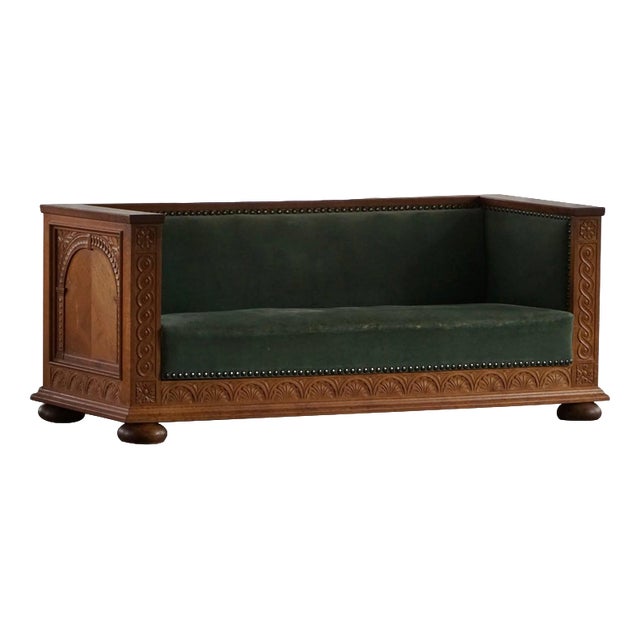 Vintage Danish Empire Sofa in Oak and Velour, 1920s For Sale
