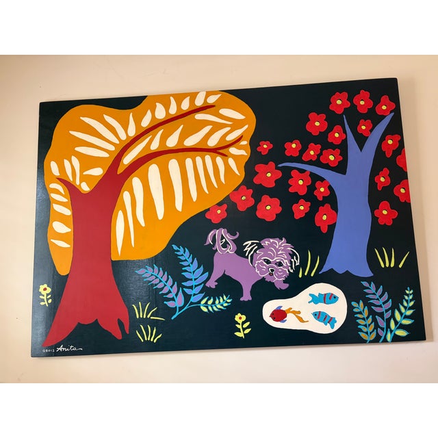 Contemporary Painting of a Dog in a Stylized Garden, Signed and Dated 2012 For Sale - Image 9 of 10