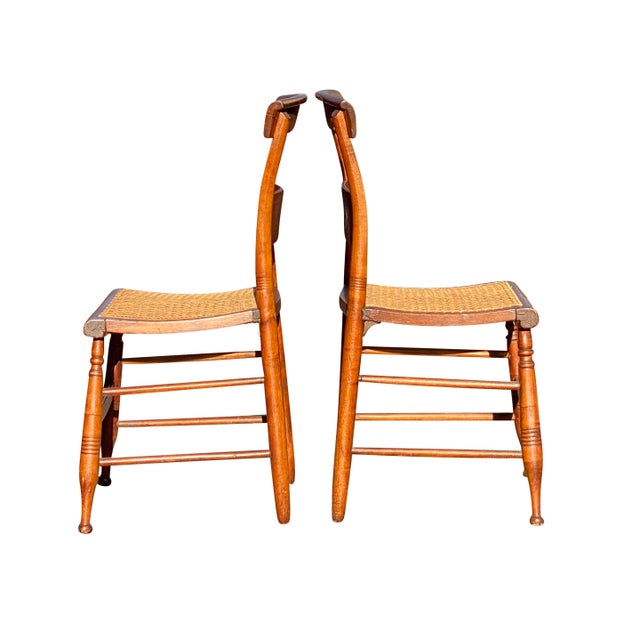 Early 19th Century Antique Pair of Tiger Maple Side Chairs With Cane