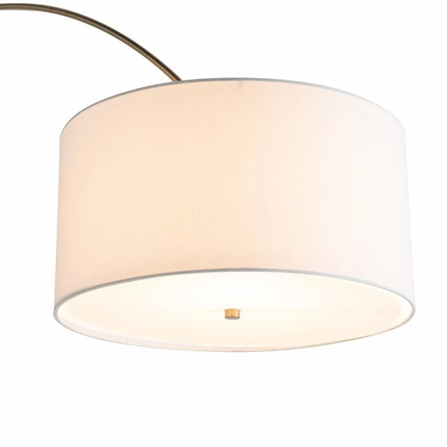 Tambo Arc Floor Lamp - Dark Walnut Wood Finish, Weathered Brass, Tambour Base, White Linen Shade, Dimmer For Sale - Image 4 of 12