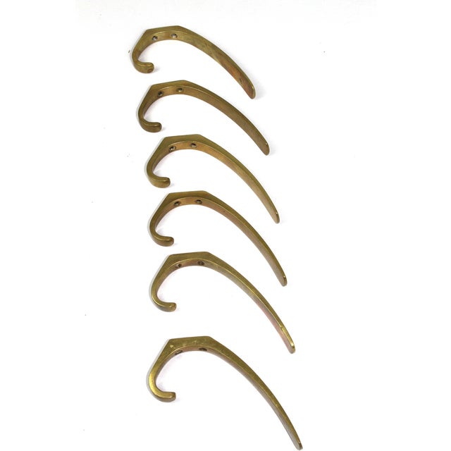 Mid-Century Modern Austrian Brass Coat Hooks, 1950s, Set of 6 For Sale - Image 3 of 12