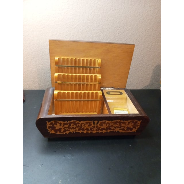 1940s Miners Wood Marquetry Cigarette Reuge Musical Box Made in Italy For Sale - Image 4 of 7