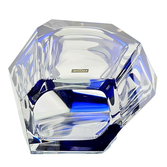 1980s Hoya Imperial Japanese Faceted Cobalt and Clear Crystal Vase Modernist Design For Sale - Image 5 of 7