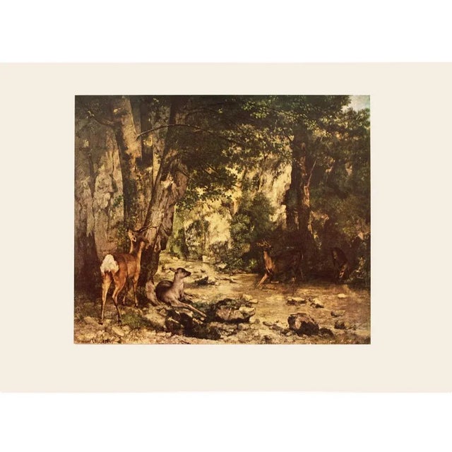 A lovely vintage First Edition Cottage Style offset lithograph after "Roe Deer in a Forest" painting by Gustave Courbet....