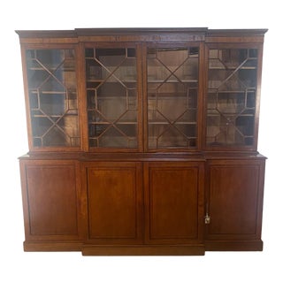 Circa 1840 Victorian Breakfront Bookcase With Inlays and Original Glass Plate, England For Sale