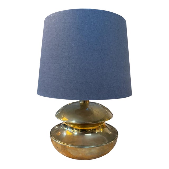 Sculptural Brass Table Lamp With Blue Shade 1970's For Sale