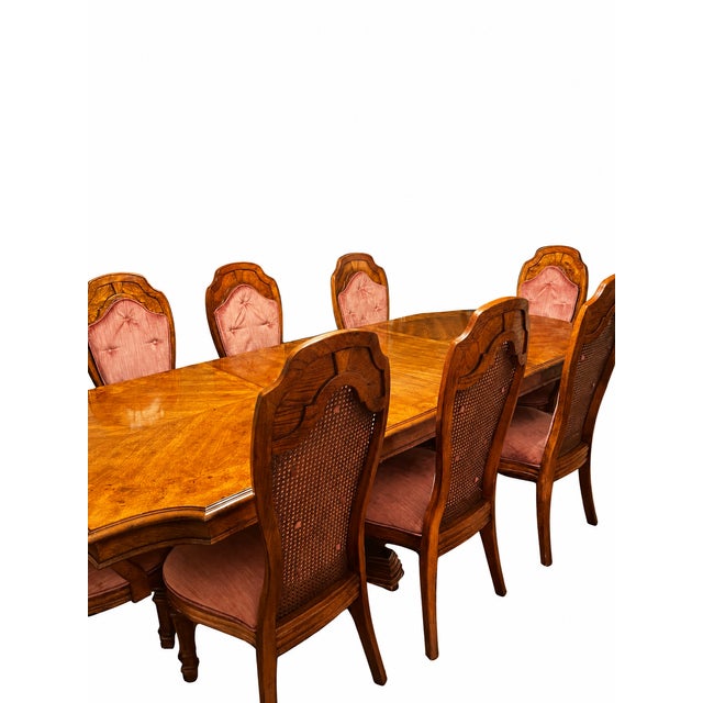 French Provincial Vintage Figured Wood Double-Pedestal Dining Table With Eight Rose Upholstered Cane-Back Chairs — Nine-Piece Set For Sale - Image 3 of 18