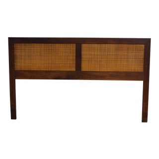 Mid Century Modern 1960s Walnut Cane Panel Full or Queen Size Headboard For Sale