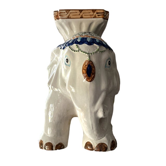 Indian Original 1960s Italian Hand-Painted Ceramic Elephant Garden Stool Plant Stand For Sale - Image 3 of 10