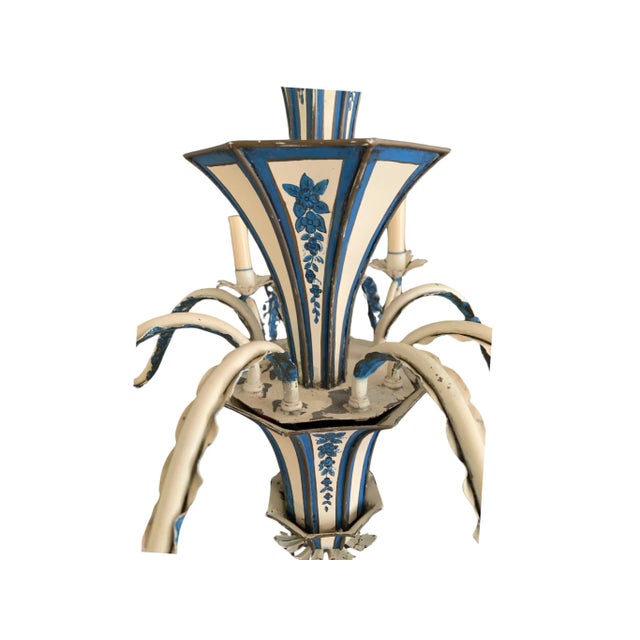 Vintage French Tole Painted Blue/White Chandelier With Candle Lights For Sale - Image 4 of 4