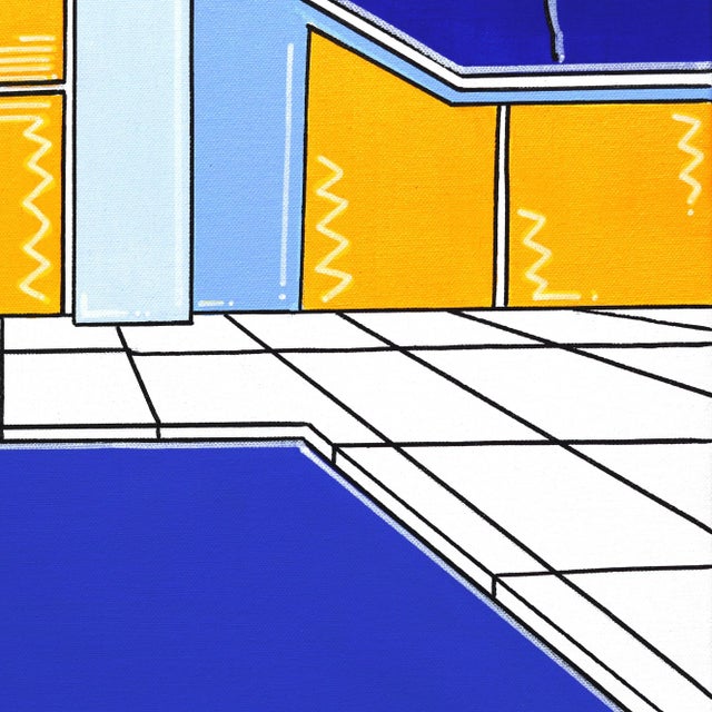 2020s Summers 2 - Contemporary Mid-Century House Vibrant Blue Architectural Acrylic Painting on Canvas Modern Villa, Palm, and Pool Art by Jonjo Elliott For Sale - Image 5 of 8