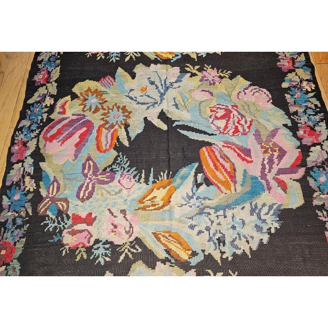 Black Vintage Caucasian Karabagh Kilim, Floral Wreaths Pattern, Handwoven Wool, 6' x 13' For Sale - Image 8 of 13