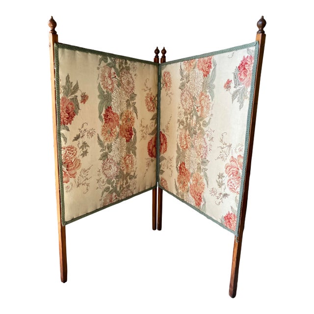 Antique Victorian Two-Panel Floral Fabric Folding Floor Screen With Finials For Sale
