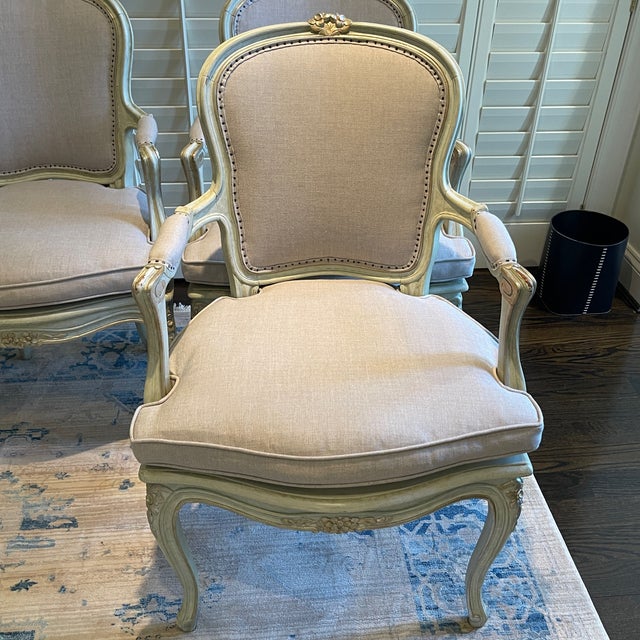 Set of 6 Louis XVI Framed Chairs With New Sunbrella Linen For Sale - Image 11 of 12
