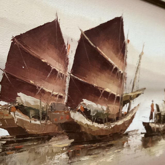 Vintage Painting of Mixed Media Chinese Junk Boats by Paul Wong Framed For Sale In Chicago - Image 6 of 12