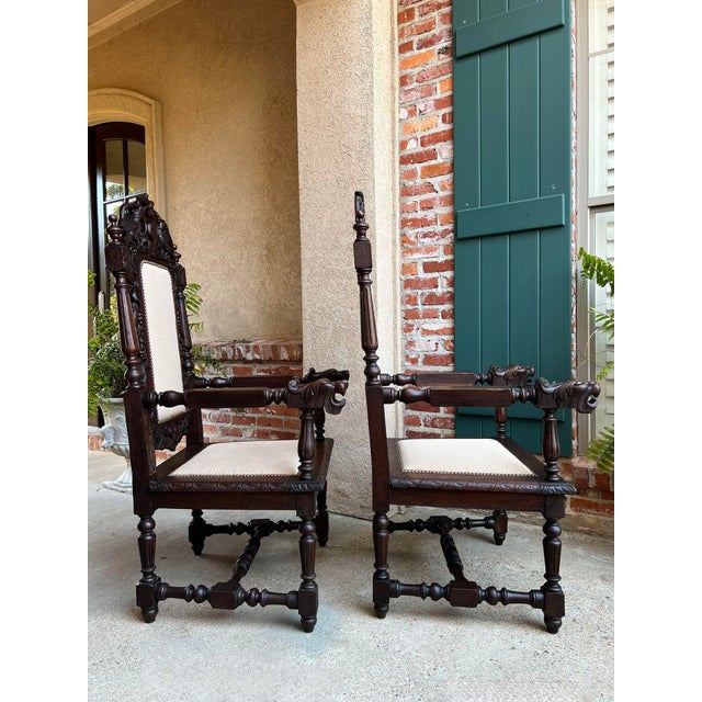 Pair Antique French Arm Chairs Dining Renaissance Carved Oak Bird Black Forest For Sale - Image 10 of 12