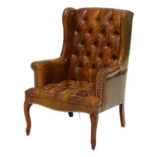 Vintage Tufted Faux Leather Wingback Armchair – Chesterfield Library Chair For Sale