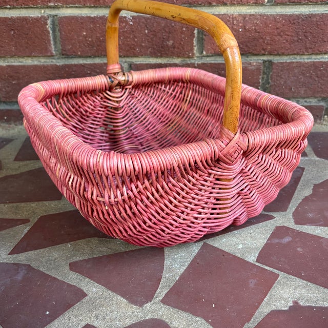 Vintage Dusty Rose Painted Wicker Gathering Basket With Bamboo Handle For Sale - Image 6 of 8