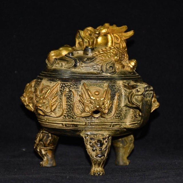 Early 21st Century Ornate Bronze Dragon Censer - Chinese Style Incense Burner With Foo Dog Lid For Sale - Image 5 of 8