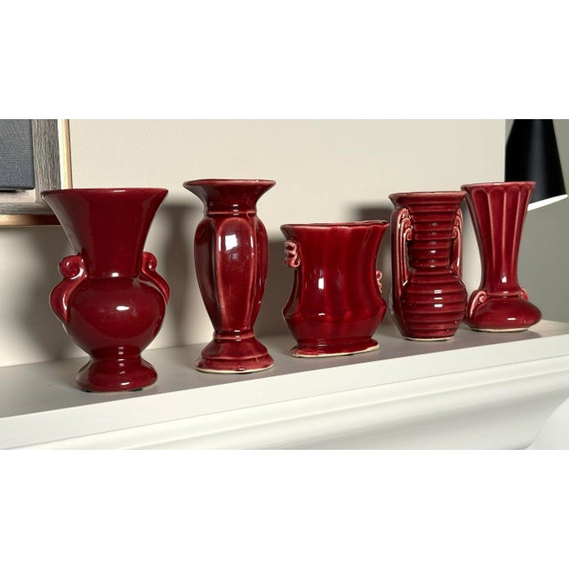Art Deco Vintage Neoclassical Style American Red Glazed Pottery Vases, Set of 5 For Sale - Image 3 of 12