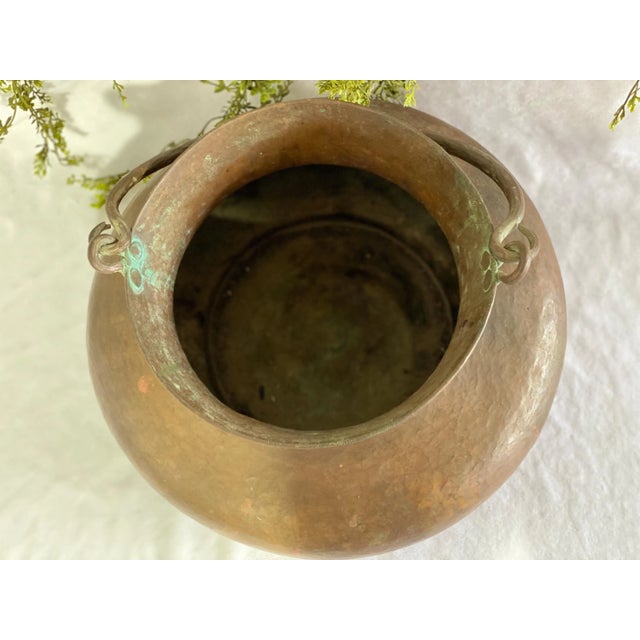 Hand Crafted Antique Copper Cauldron: Hand Hammered Firewood Bucket Green Patina Worn For Sale - Image 10 of 10