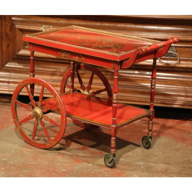 Early 20th Century French Painted Red and Gilt Bar Cart with Chinoiserie Motifs For Sale In Dallas - Image 6 of 9
