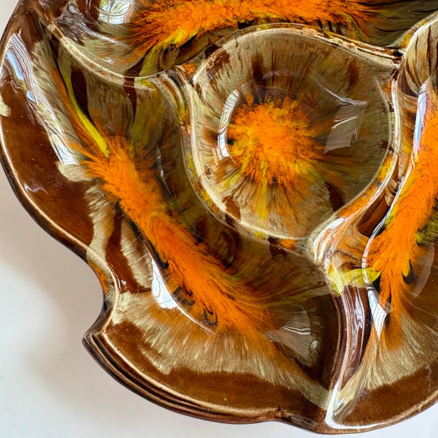 1960s Mid-Century Modern California Pottery Orange & Brown Drip Glaze Divided Serving Dish For Sale - Image 4 of 9
