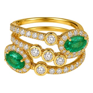 Late 20th Century 18K Yellow Gold Emerald Diamond Bypass Cocktail Ring Band, Size 7 For Sale