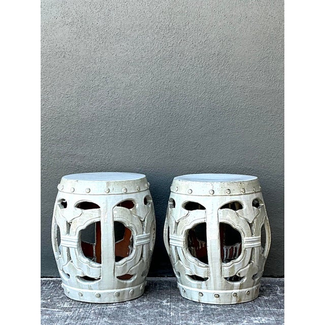 Early 21st Century Vintage Linked Rings Glazed Ceramic Garden Stools - A Pair For Sale - Image 5 of 12