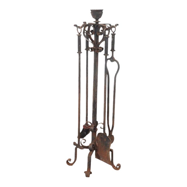 Antique Samuel Yellin School Arts & Crafts Wrought Iron Fireplace Tool Set C1920 For Sale