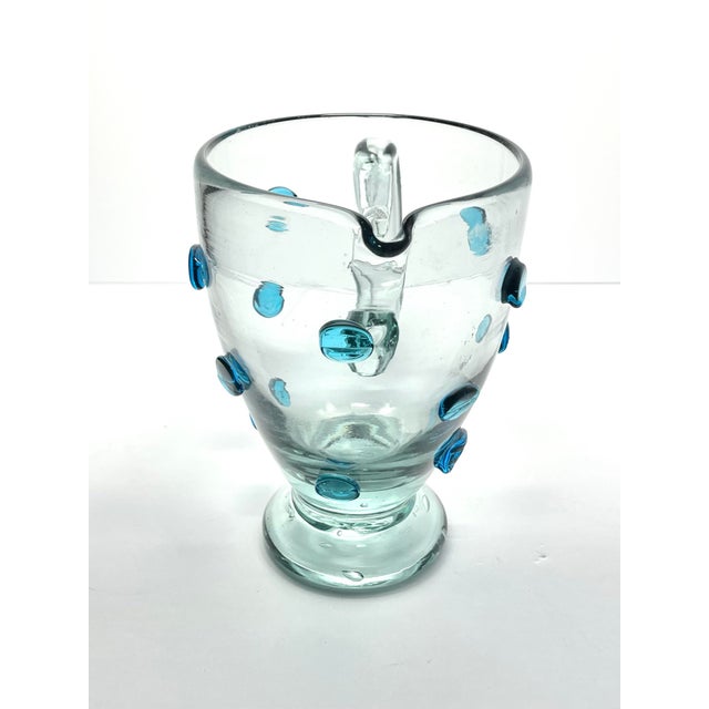 Mexican Aqua Blue Confetti Raised Pebble Mexican Hand Blown Glass Pitcher Jug For Sale - Image 4 of 7