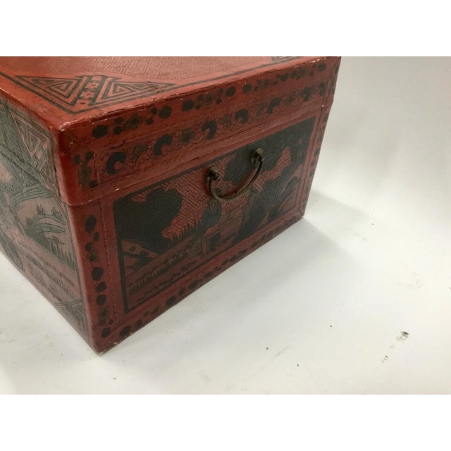 Red 1900s Chinese Hand Tooled Leather Covered Trunk For Sale - Image 8 of 13