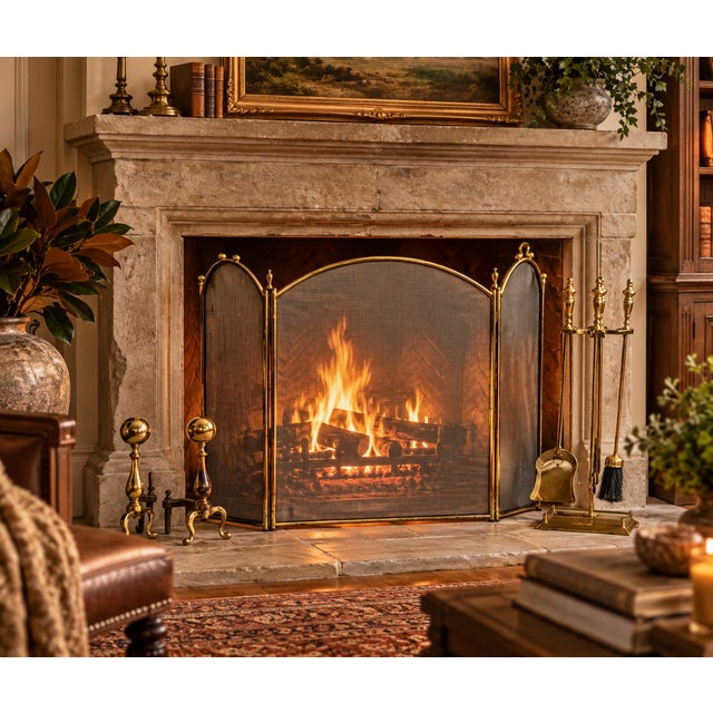 Vintage Brass Fireplace Ensemble With Folding Screen, Andirons & Fire Tools For Sale - Image 18 of 18
