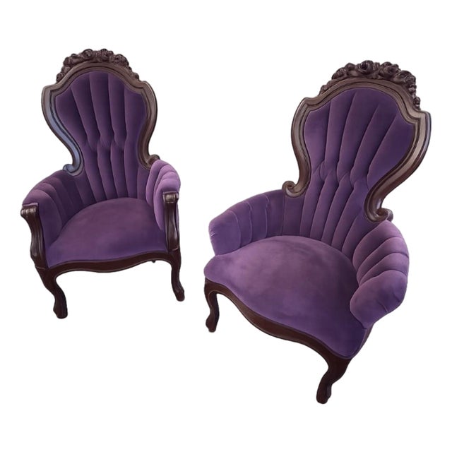 Rococo Revival Style Purple Velvet Accent Chairs – Pair For Sale