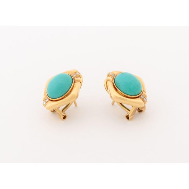 Late 20th Century Vintage Modernist 14k Yellow Gold and Turquoise Diamond Earrings For Sale - Image 5 of 9