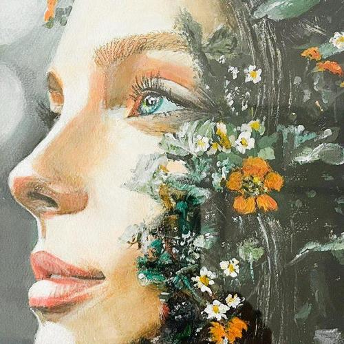 Original botanical portrait of a woman “irish dream” acrylic on paper by yb in 2026. The painting is framed in an acrylic...