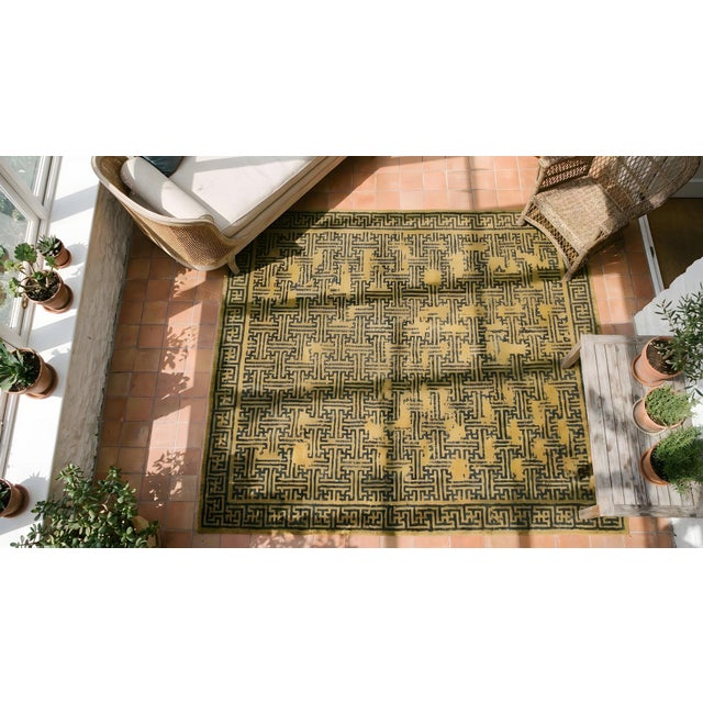 Splendid Asparagaus Background Color With Greek Key Pattern Antique Chinese Rug For Sale - Image 10 of 10