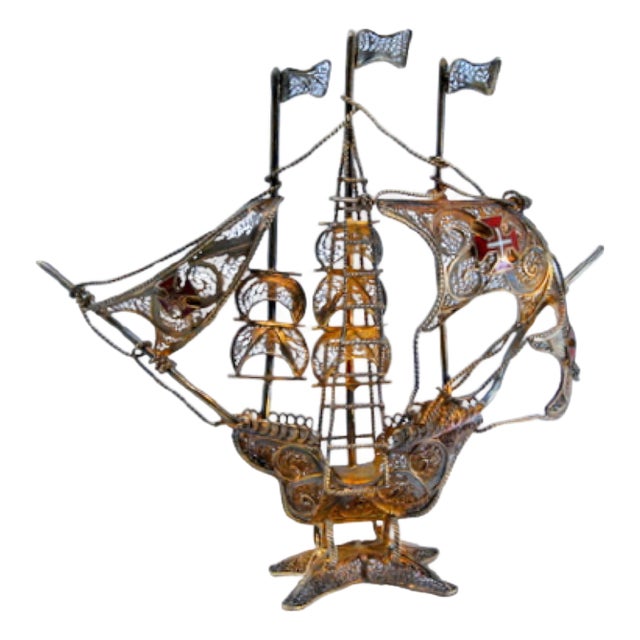 Silver Filigree Caravel with Enamelled Crosses on the Sails and Masts For Sale
