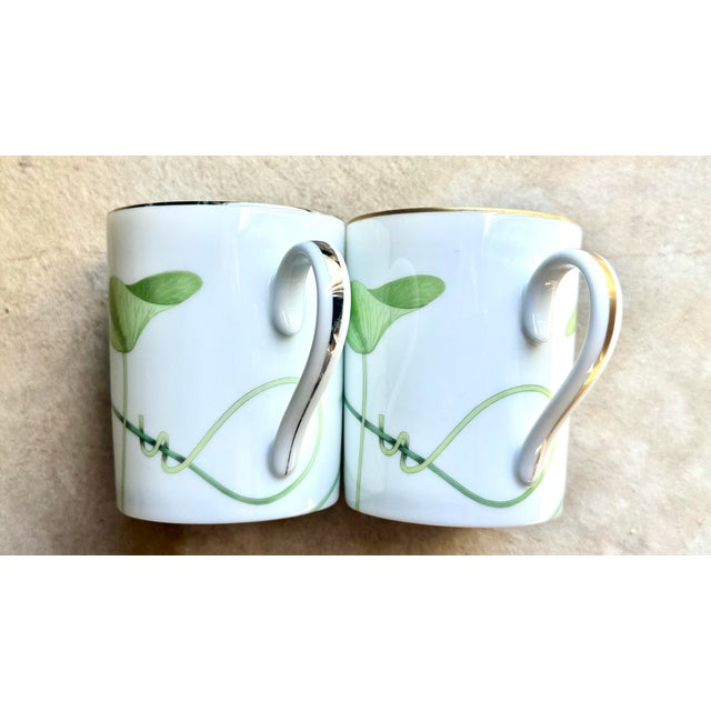 2000 - 2009 Vintage French Country Hermès "Nil" Porcelain Mugs With Lotus Motif with Gold & Silver Trim – Set of 2 For Sale - Image 5 of 7