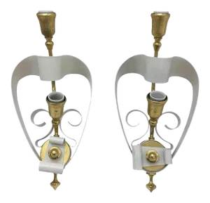 1950s Italian Mid-Century Moder. Brass and White Painted Metal Wall Sconces - Set of 2